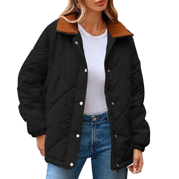 Nfurl Womens Zip up Quilted Barn Jackets Loose Fit Long Sleeve Solid Color Lapel Puffer Jacket Winter Padded Outerwear Coats Black XXL