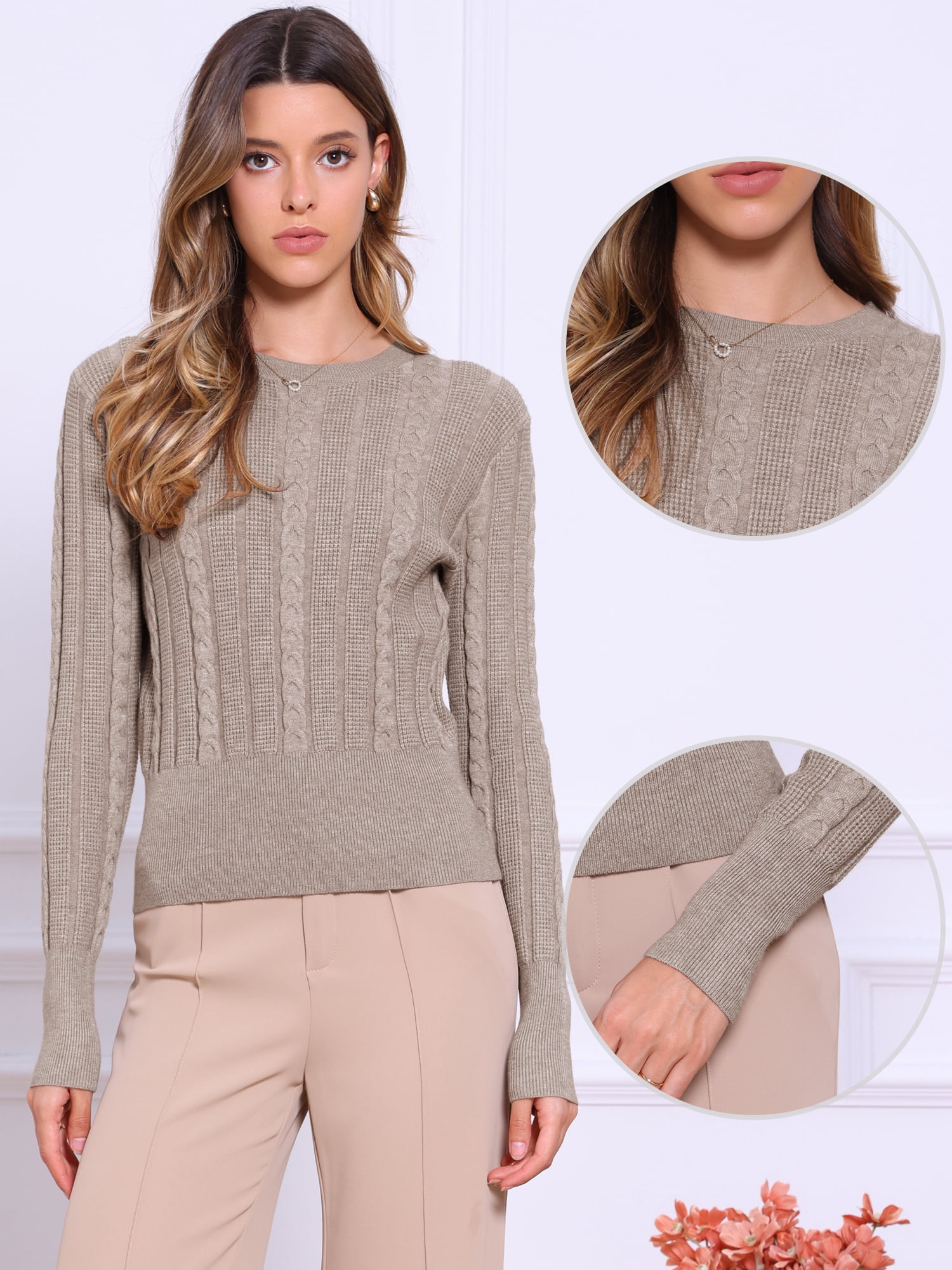 DARING DIVA Women's Cable Knit Long Sleeve Crew Neck Pullover Sweaters XL Beige