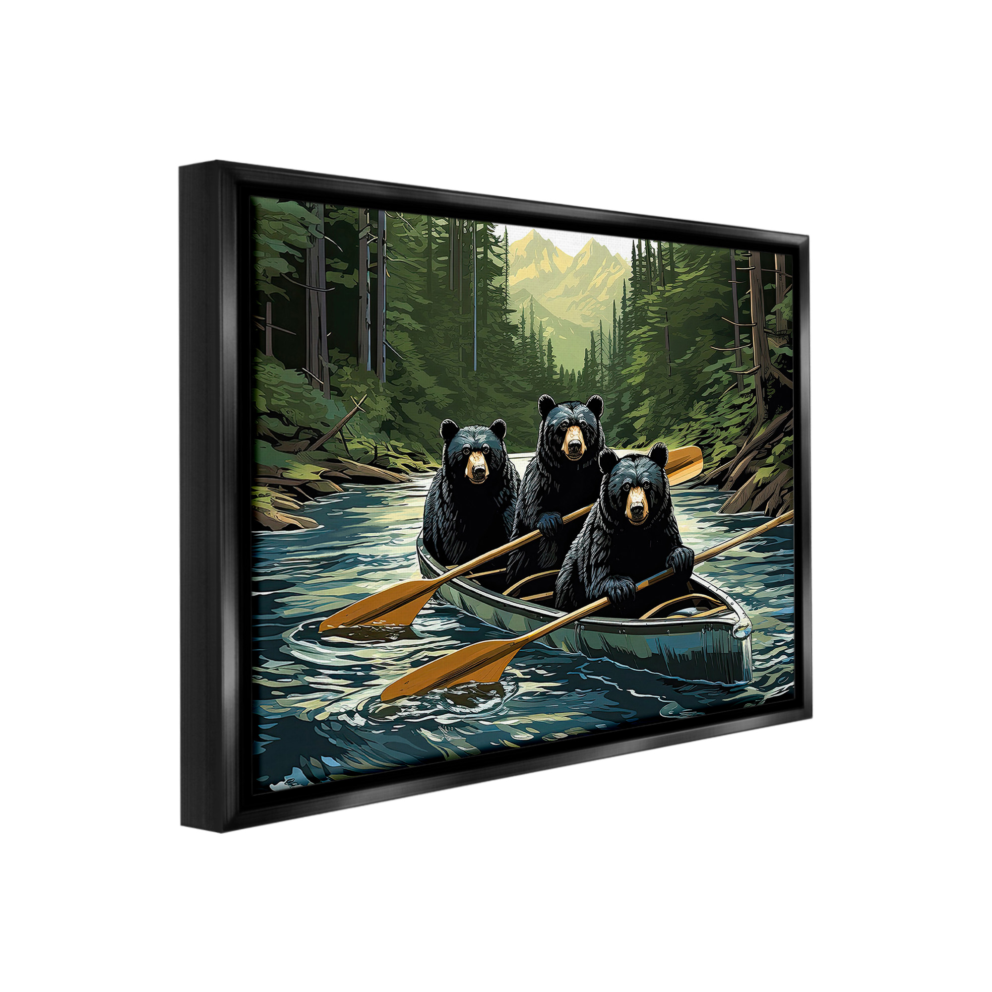 Stupell Industries Woodland Canoeing Bears Animals & Insects Painting Black Floater Framed Canvas Art Print Wall Art, 21 x 17