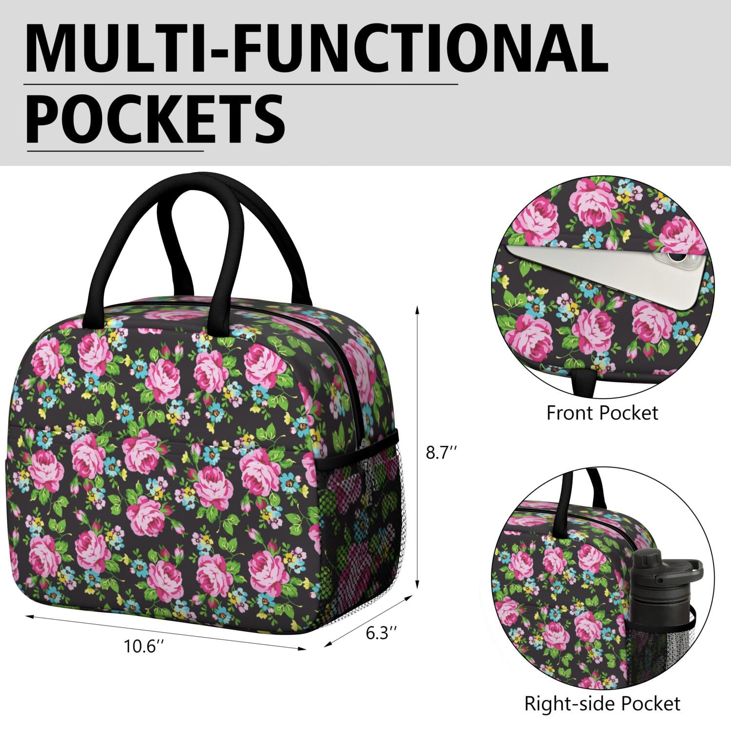 Wildflower Lunch Bag for Women – Large Reusable Thermal Insulated Tote for Outdoor, Office, and Healthy Eating Enthusiasts