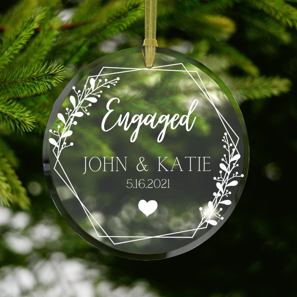 Custom Engaged Couple Glass Ornament with Custom Names and Special Date, Engagement Gift, Proposal Keepsake and Christmas Tree Decor for Couples, Partners, Wedding Planning or Holiday Celebrations