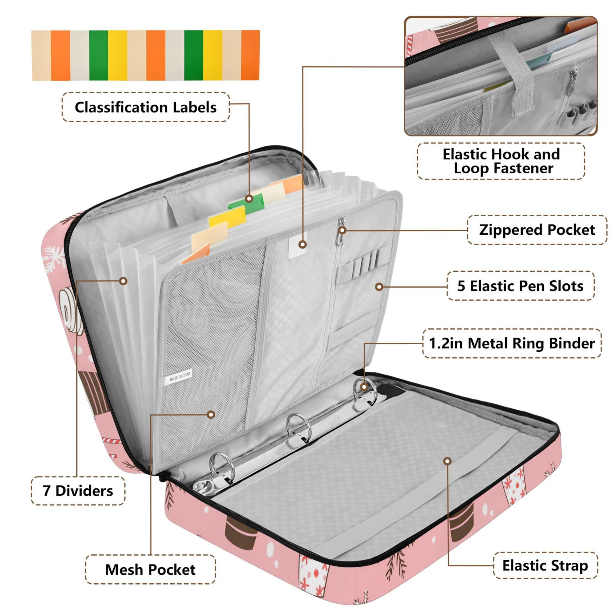 FORMRS Accordion File Folder A4 Size 7-Pocket Expanding Document Organizer Bag with 3 Ring Binder, Brown Hand Drawn Cups