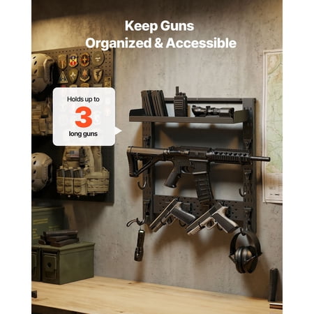 Gun Rack Wall Mount Heavy Duty Steel Indoor Rifle Shotgun Rack with J-Hooks Additional Tray Storage Gun Accessories Display Storage Holder Hold Up to 3 Rifles or Shotguns for Tactical Gear