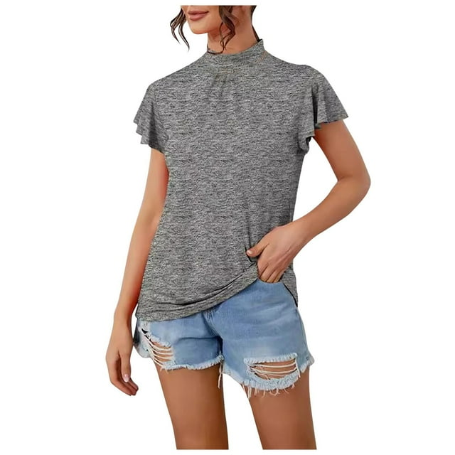 AherBiu Plus Size Tops for Women Summer Casaul Trendy Ruffle Sleeve Tops High Neck Loose Comfy Shirts