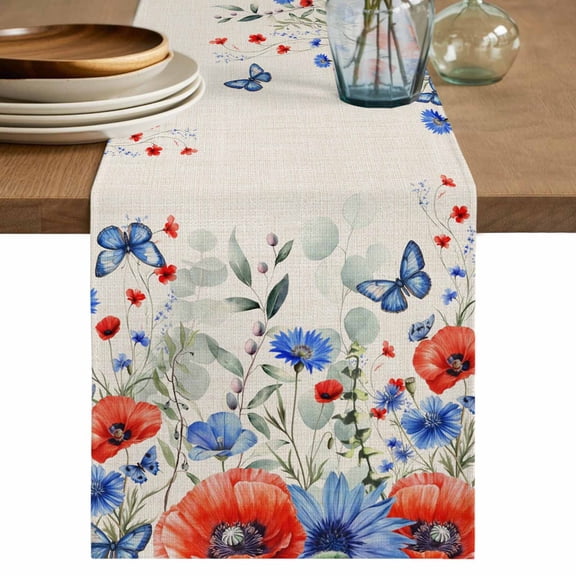 Red Blue Flowers Cotton Linen Table Runner for Dining Kitchen, Spring Floral Farmhouse Botanical Rustic Wedding Outdoor Party Tablerunners, Dresser Scarf Coffee Tablecloth Runners 13x72 Inches