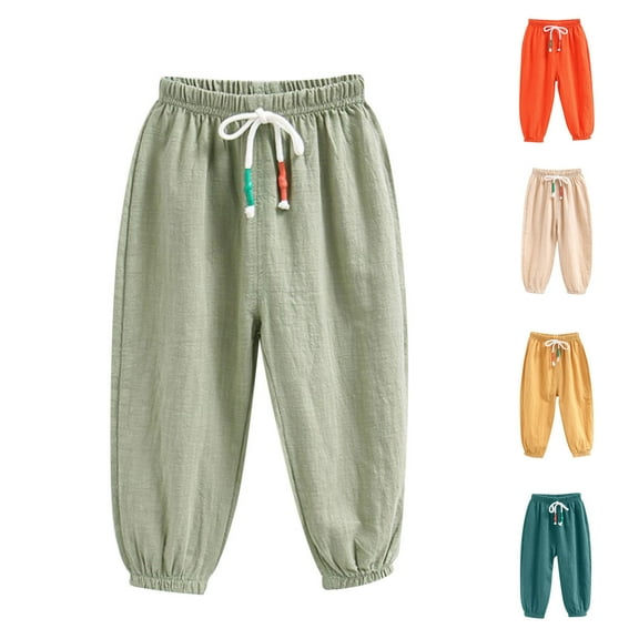HVOBTTY Toddler Straight Leg Trousers, Fall Long Pants for Kid, Kids Casual Lightweight Cotton Linen Like Leisure Elastic Waist Mosquito Proof Pants Green, 2-3 Years