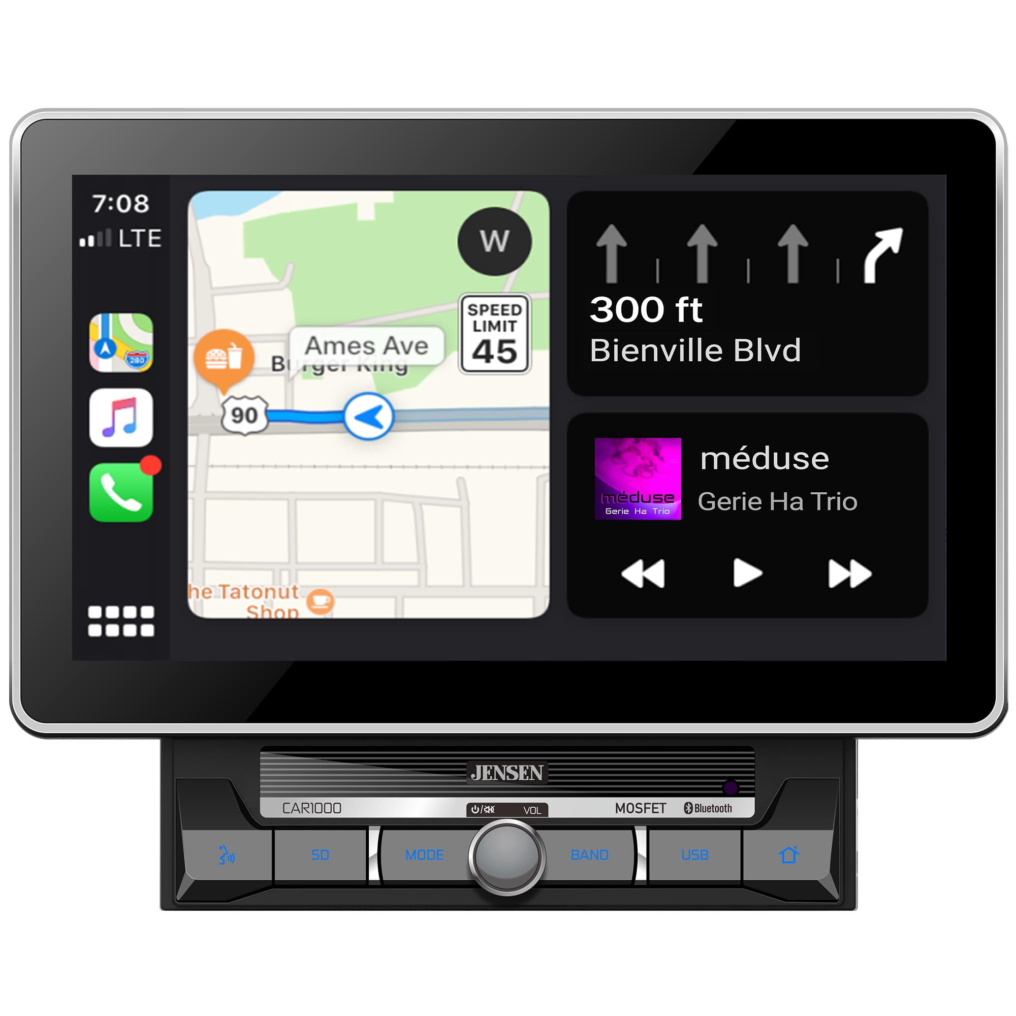 Jensen CAR1000 2 Din 10 in. LCD Mechlesss Carplay & Android Auto