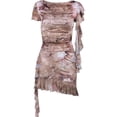thumbnail image 1 of Conjunto de 2 piezas para mujer, estampado, manga corta, bodycon, línea A, falda con dobladillo con volantes fruncidos, color caqui S, 1 of 8