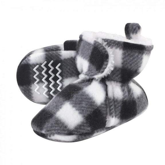 Hudson Baby Baby and Toddler Cozy Fleece and Faux Shearling Booties, Black White Plaid, 0-6 Months