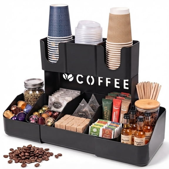 Expandable 2 Tier Coffee Station Organizer, Coffee Bar Organizer with 11 Compartments & Cup Holder Rack, Coffee Pod Holder for K Cups, Tea Bags