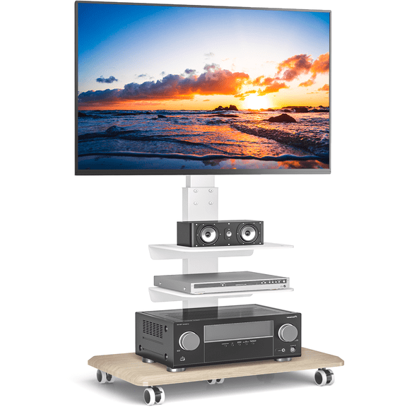 RTVR Rolling TV Stand Modern 3 Shelves for TVs up to 85 inch, Wood Base for Home Office, White