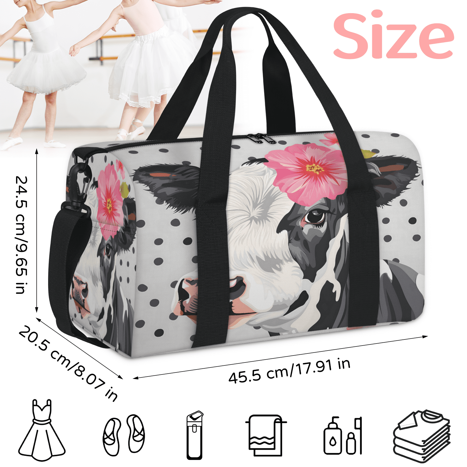 Herdesigns Cute Floral Cow Gym Bag for Women, Duffle Bag for Travel Sport, Lightweight Waterproof Carry on Weekender Overnight Dance Yoga Workout Bags