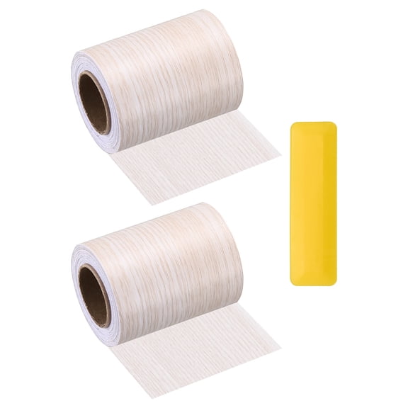 Uxcell 2pcs Wood Grain Repair Tape 3" x 16ft Self-Adhesive Repair Patch Realistic Wooden Floor Tapes with Plastic Scraper for Tables Doors Windows Furniture Chair, White Poplar