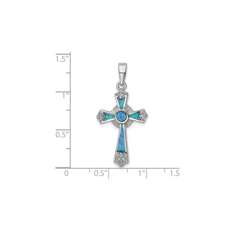 Lab Created Blue Opal Cross Pendant Necklace in Sterling