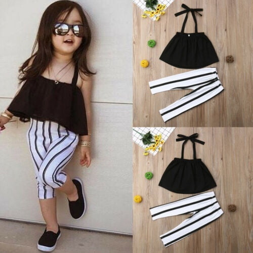 Diconna 2pcs Toddler Kid Baby Girl Clothes Strap Top Stripe Pants Trousers Outfits Black