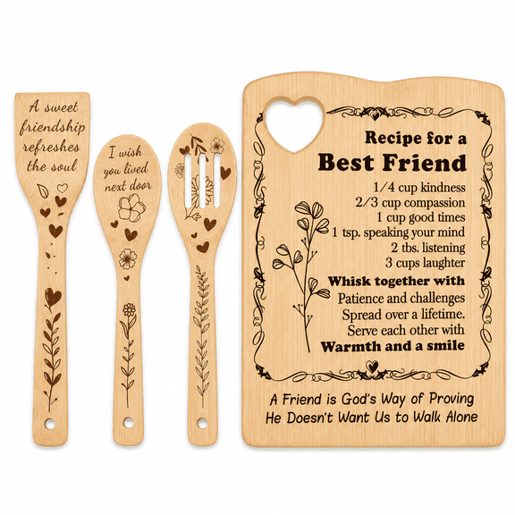 4 Pcs Friend Gift Set, Engraved Bamboo Cutting Board with Spatula & Spoon, Birthday Housewarming Present for Women, Natural Kitchen Decor