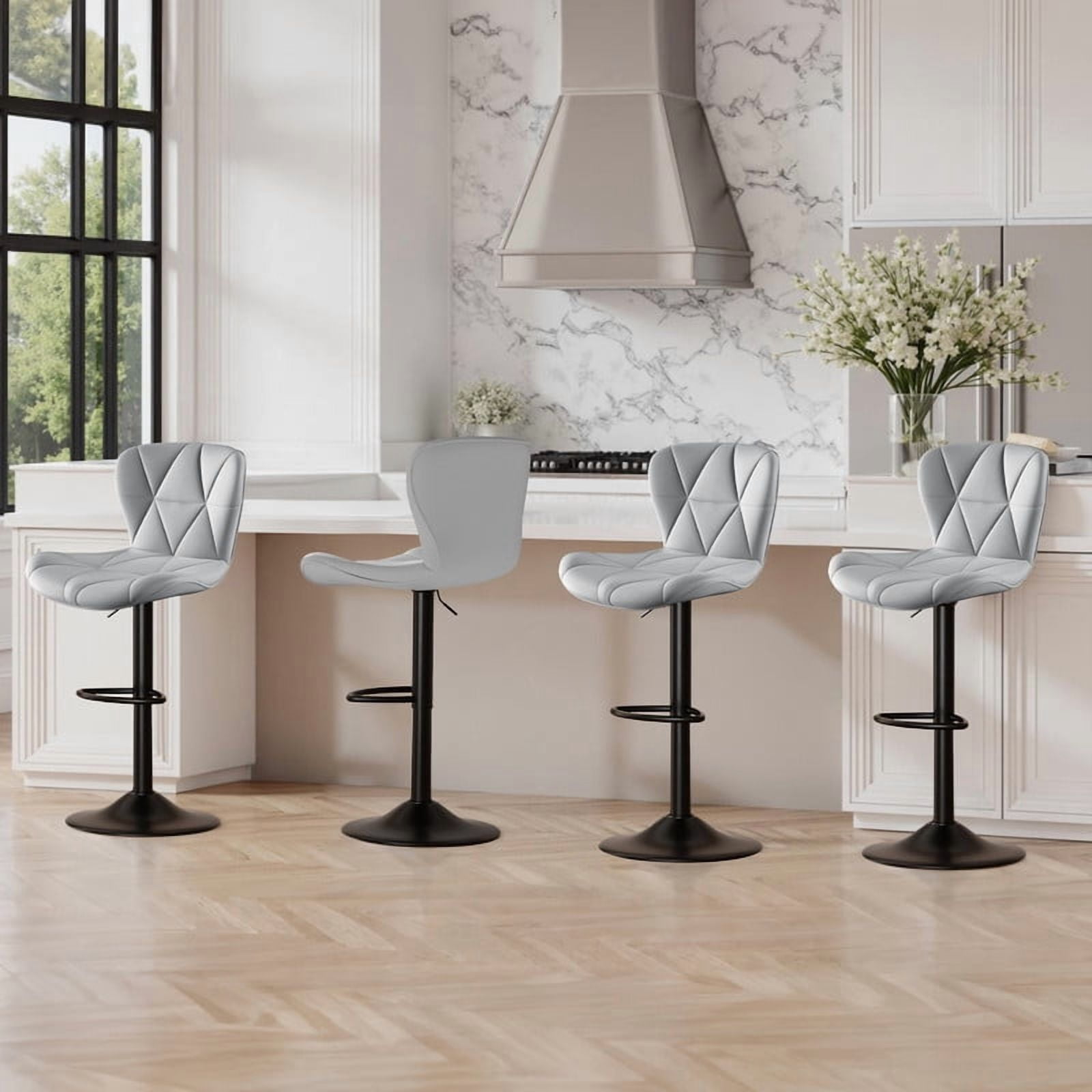 Daluvenix Modern Bar Stools Set of 3, Adjustable Swivel Counter Height Bar Chairs with Back, Faux Leather Upholstered for Kitchen Island, Light Grey