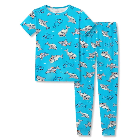 Beezizac Toddler & Little Boys Pajamas Blue Sharks 2-Piece Soft Snug-fit Short Sleeves & Pants PJ Set Kid Size 10