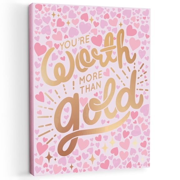 HoneyKICK You're Worth More Than Gold Canvas Wall Art, Pink Teen Girl Decor