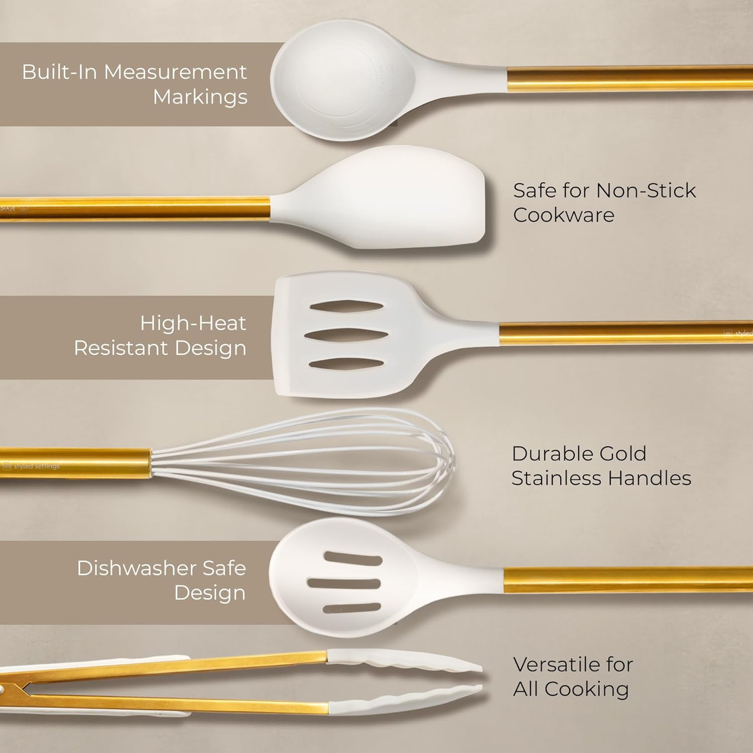 Styled Settings 8 Piece White and Gold Kitchen Utensils Set – Silicone Cooking Utensils with Gold Handles, Ceramic Utensil Holder and Stackable Spoon Rest, Heat-Resistant and Nonstick Safe