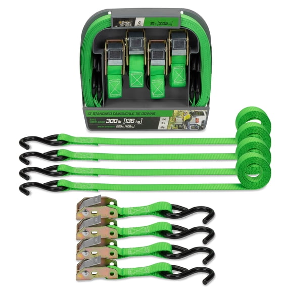 SmartStraps 1" x 10ft Standard Duty Cambuckle Tie Down Strap, Green, 4 Pack - 300lb SWL