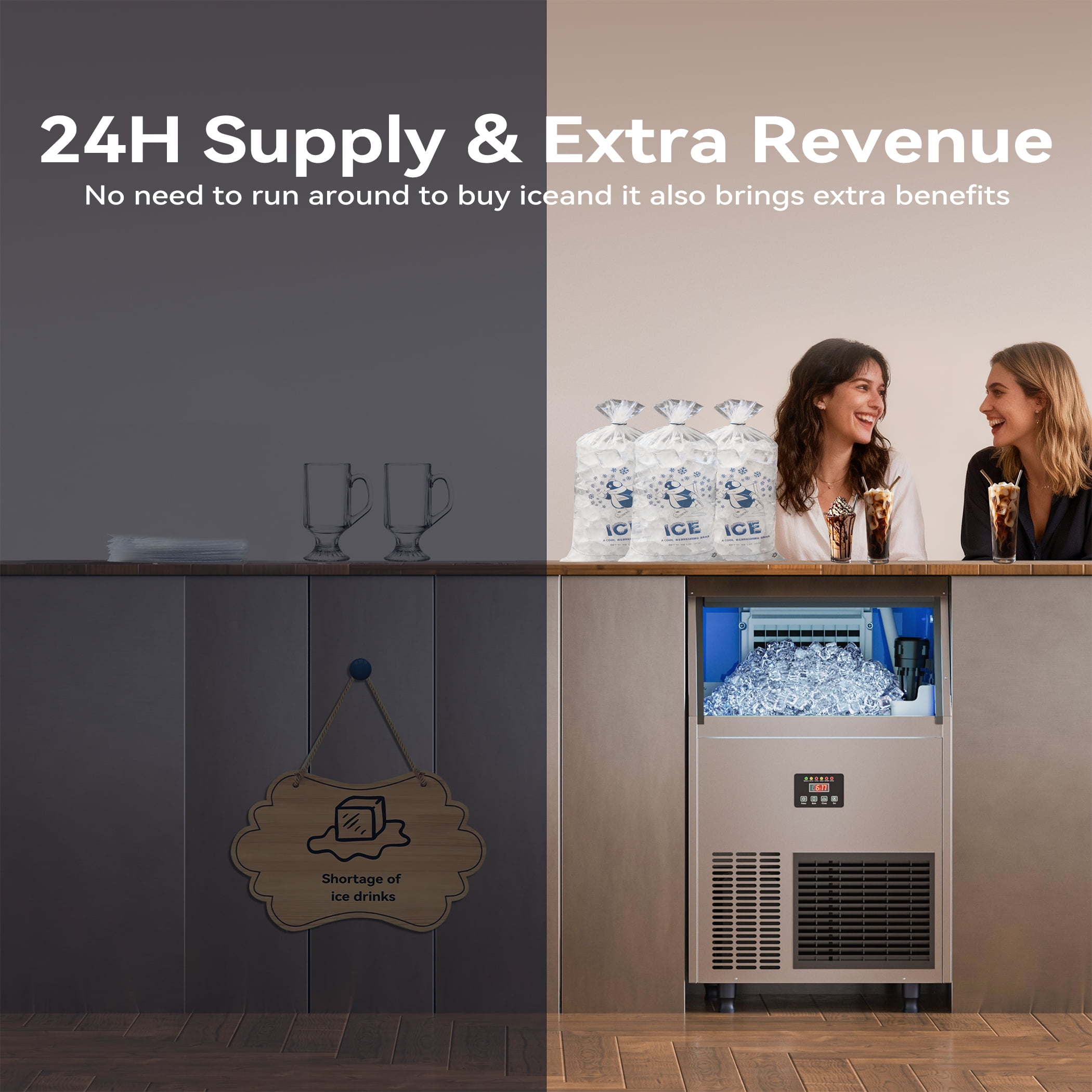 Coolake Commercial Ice Maker 200 lbs/24H, Air Cooled Under Counter Ice Machine with 55 lbs Ice Storage for Home Bar