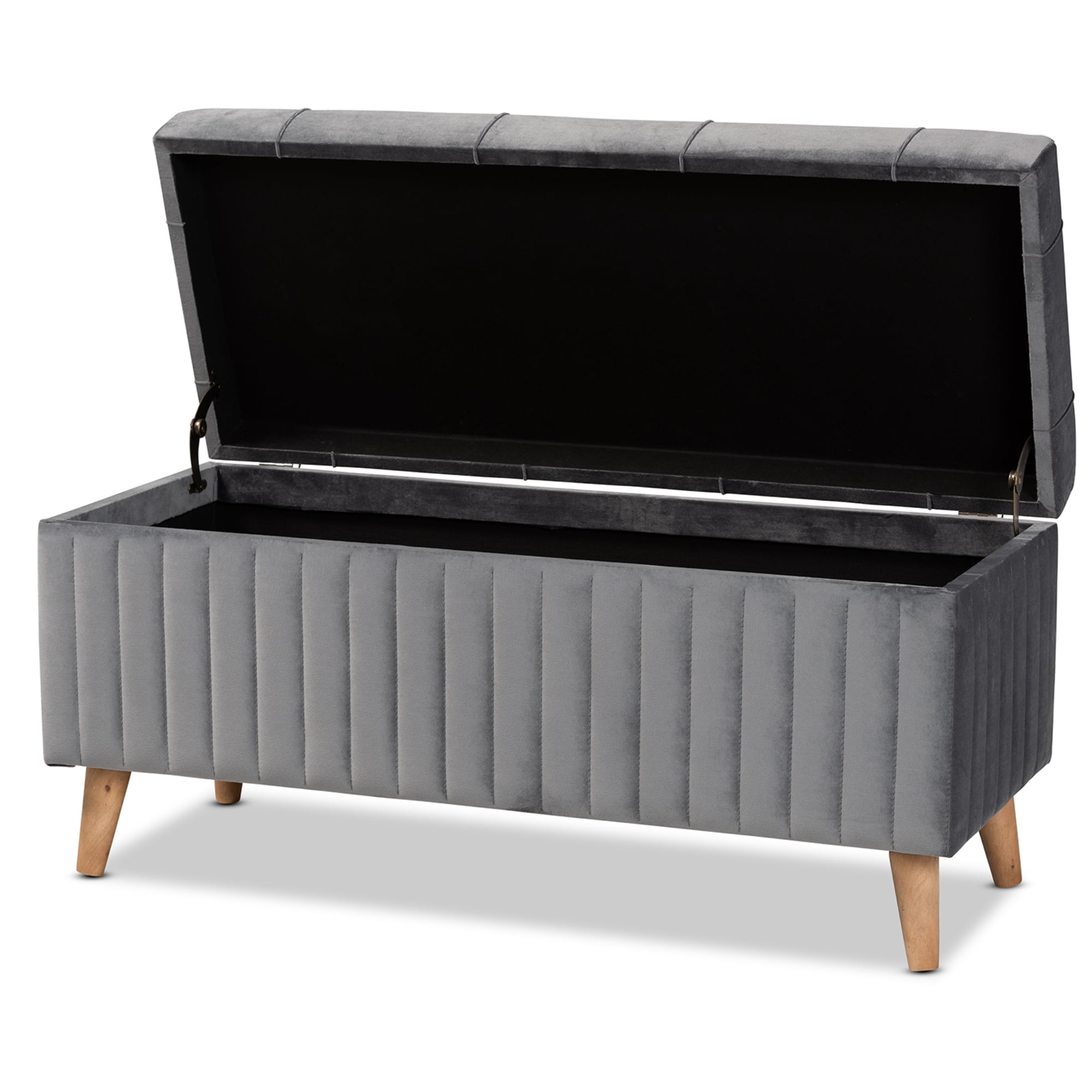 Baxton Studio Hanley Modern and Contemporary Grey Velvet Fabric Upholstered and Walnut Brown Finished Wood Storage Ottoman