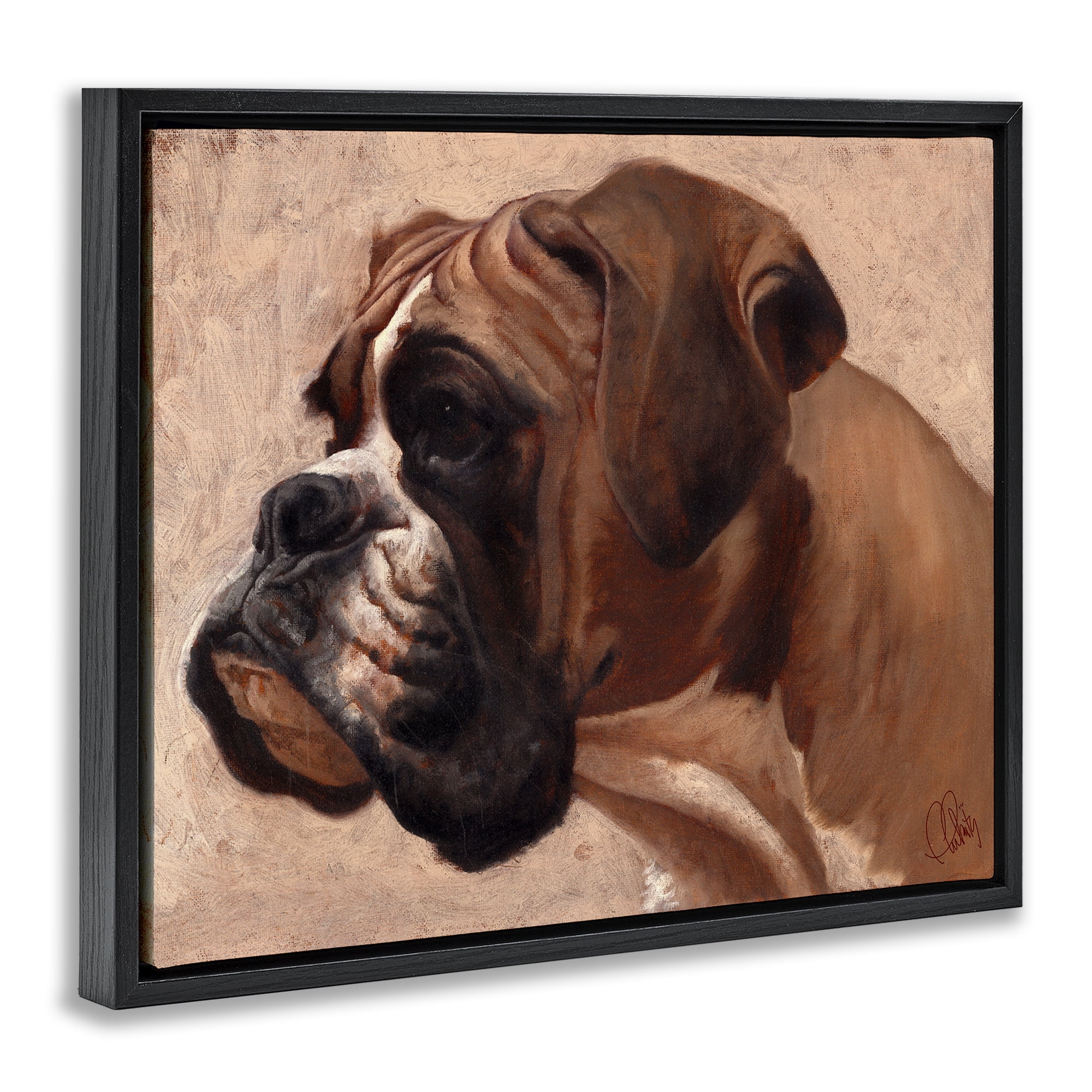Stupell Industries Boxer Dog Neutral Portrait Animals & Insects Painting Black Floater Framed Canvas Art Print Wall Art, 21 x 17