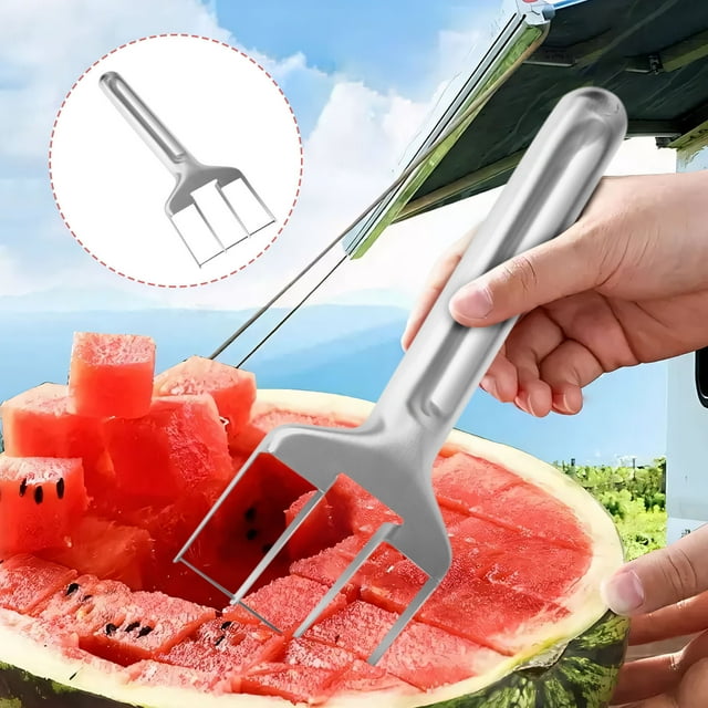 Utensilios de cocina, 2 piezas, cortador de sandía, cortador de sandía de acero inoxidable, artefacto para cortar sandía de verano, tenedores de fruta de acero inoxidable, cuchillo para fiestas famili