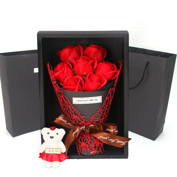 Ramo de rosas de jabón con 7 rosas de jabón, caja de regalo, oso de peluche, regalo de San Valentín para cumpleaños, fiesta y aniversario.