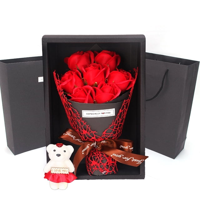Ramo de rosas de jabón con 7 rosas de jabón, caja de regalo, oso de peluche, regalo de San Valentín para cumpleaños, fiesta y aniversario.