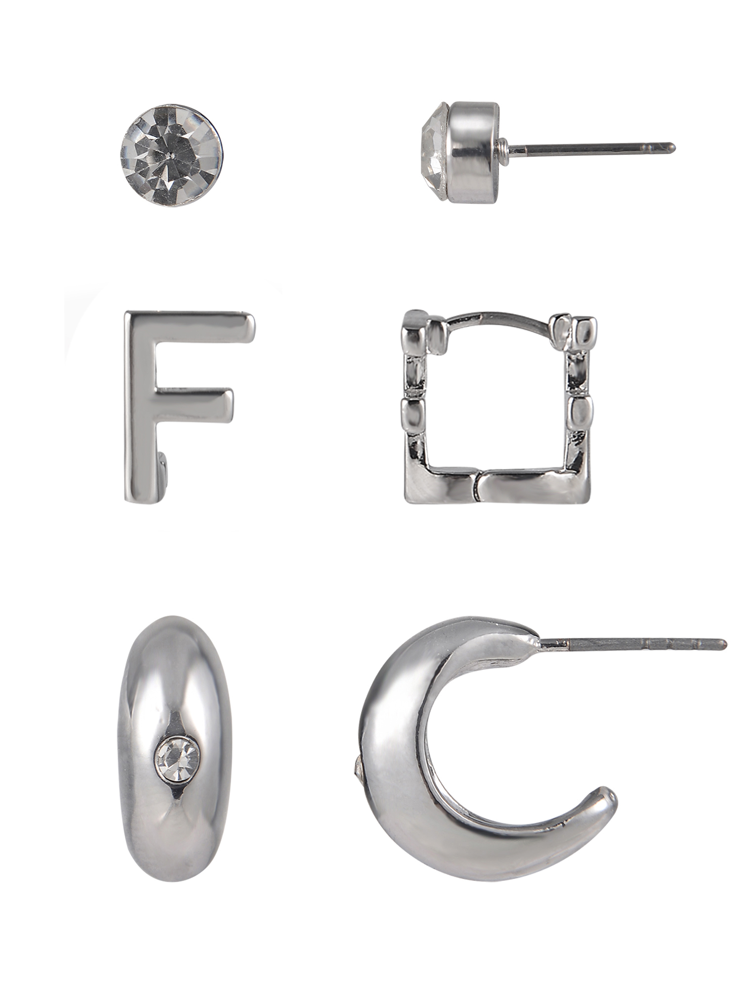 Time and Tru Silvertone 3-On Crystal Stud, Hoop, Initial "F" Earring Set