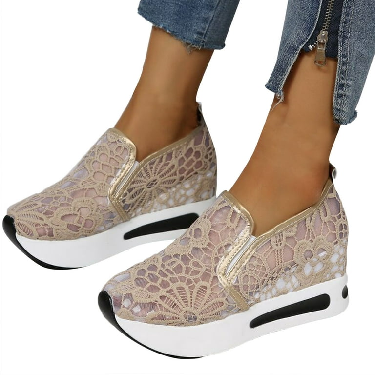 Floral Embroidered Mesh Panel Slip On Wedge For Flowers Decor Causal - Walmart.com