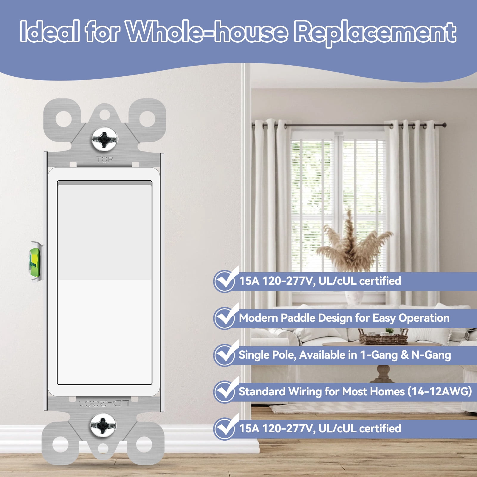Single Pole Light Switch,NineLeaf 12 Pack 15 Amp Rocker Electrical Light Switch White,SP Paddle Light Switch,120V-277V AC,Residential/Commercial Grade,Home & Office,UL Listed
