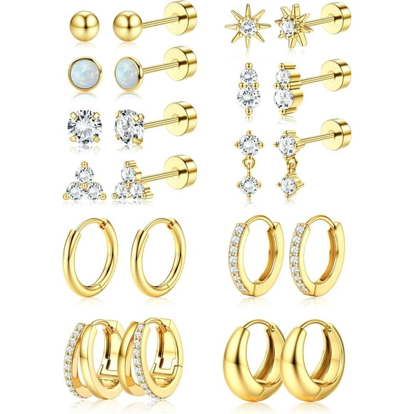 Hypoallergenic Flat Back Earrings for Women 14K Gold Plated Surgical Steel Stud Hoop Earring Stacks Dainty Small Huggie Hoops Flatback Stud Cartilage Earring Sets for Multiple Piercing
