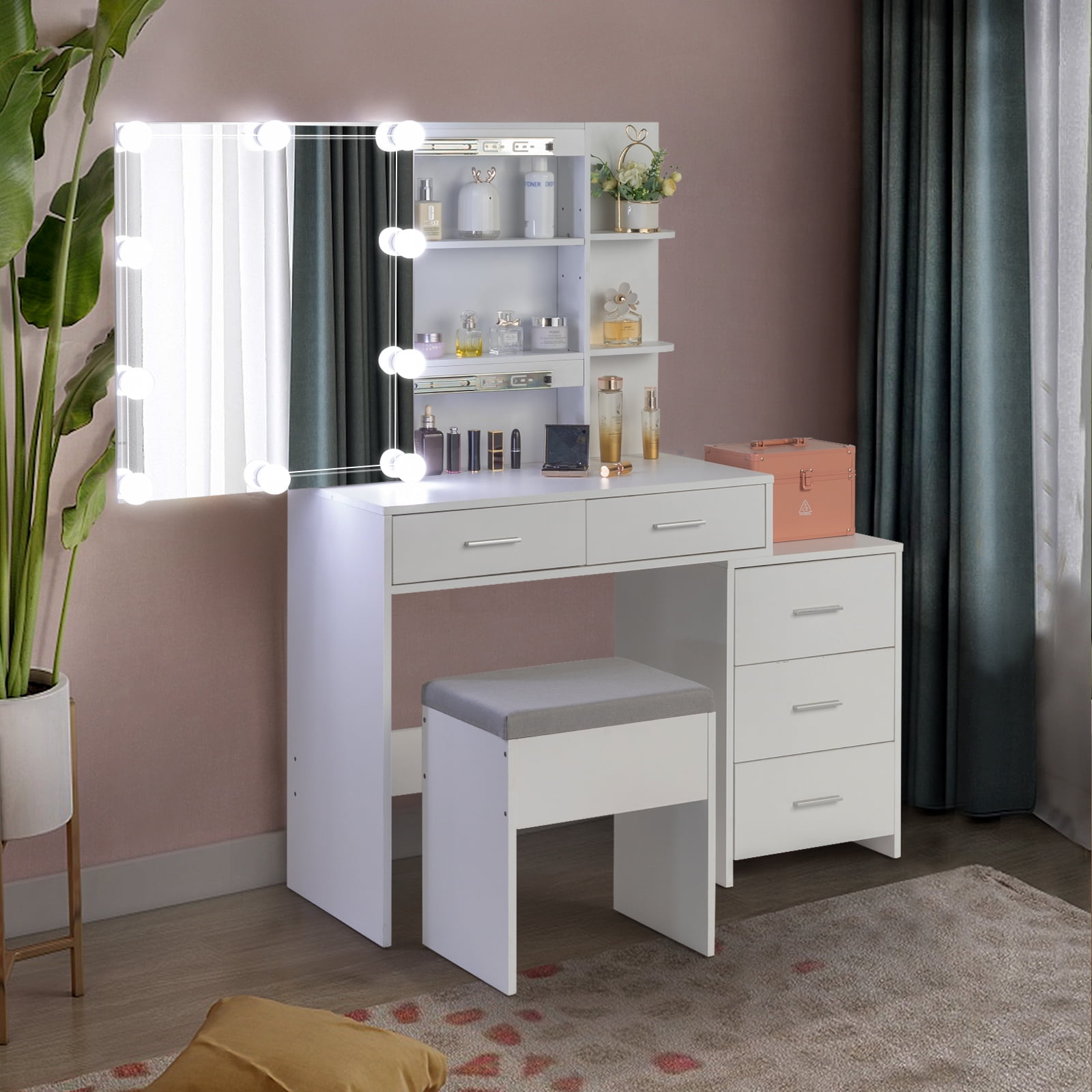 5 Pumps 2 Shelves Mirror Cabinet Three Dimming Light Bulb Dressing Table Set, White