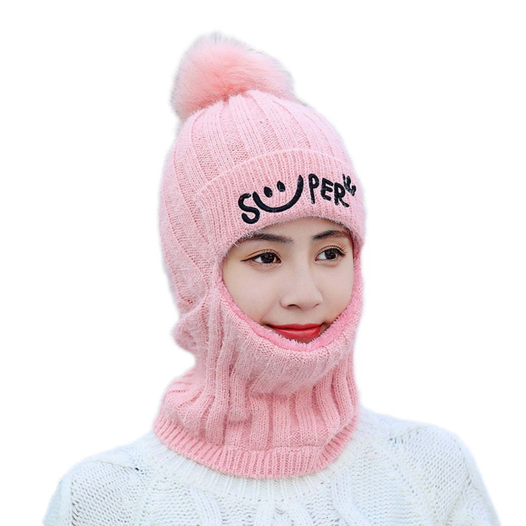 Windproof Knitted Pom Hats Fleece Lined Warm Ski Beanie Cap KOBWA Balaclava Face Mask Fleece Hood Cold Weather Neck Warmer Scarf for Men and Women Cycling Motorcycle Outdoor Sport 