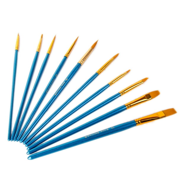 10 Pcs Blue Wooden Handle Brush Set Nylon Hair Art Artist Paint
