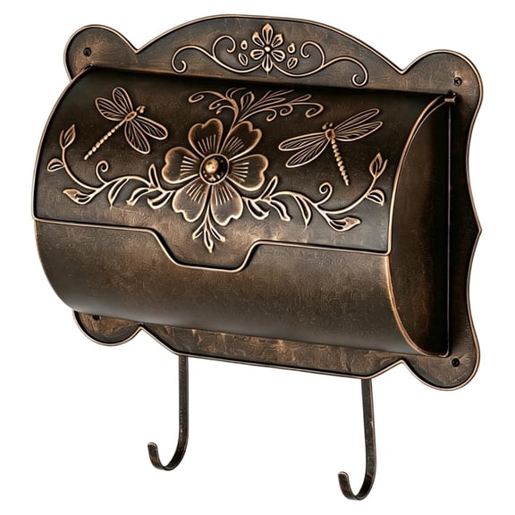 Yilifebes Wall Mount Vintage Mailbox with Newspaper Holder, Embossed Dragonfly & Floral Decor Antique Mail Box for Front Porch Garden Outside House