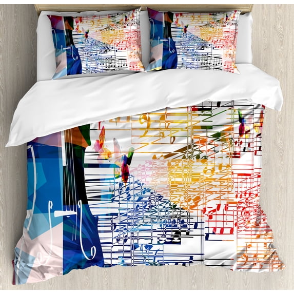 Colorful Duvet Cover Set Queen Size, Polygonal Violoncello Butterflies and Notes Ornamented Classic Music Pattern, Decorative 3 Piece Bedding Set with 2 Pillow Shams, White Multicolor, by Ambesonne