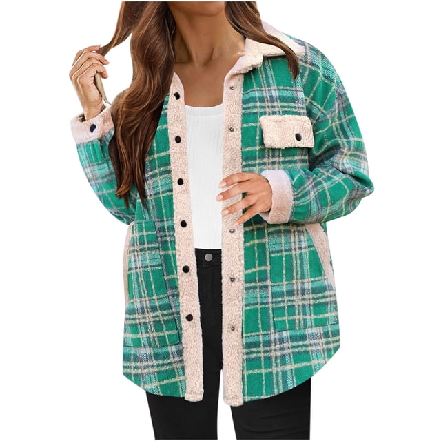 aohooy 2025 Fall Womens Flannel Shacket - Plaid Button Down Long Sleeve Casual Fleece Jacket with Pockets Green,S