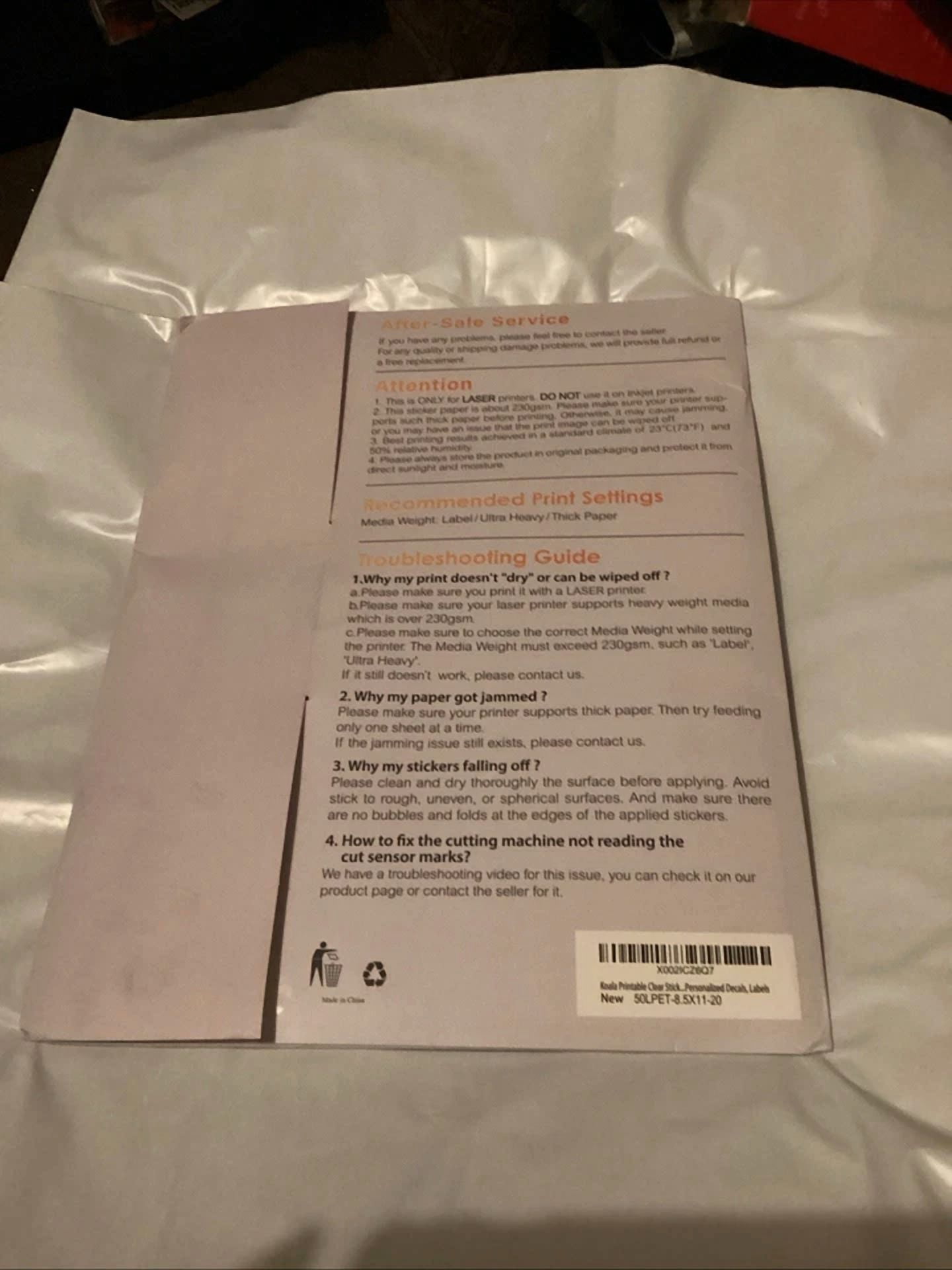 CRESTIN- 20 Koala Clear Sticker Paper For Laser Printable Vinyl Waterproof Transparent M3