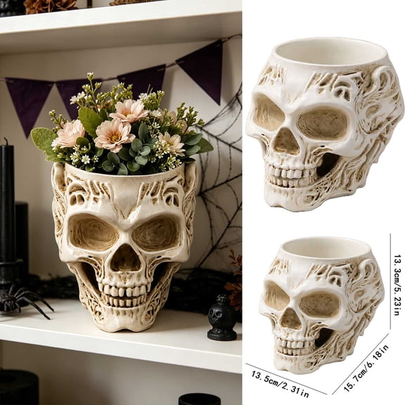 Vintage Distressed Resin Skull Planter Pot, Hollow Carved Skeleton Head Flower Vase for Halloween Tabletop Indoor Plant Decor