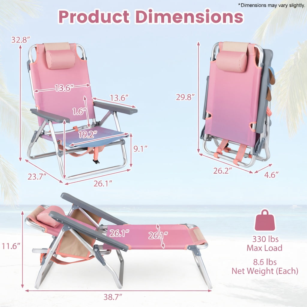 Hommoo 2-Pack Portable Beach Chairs with 5-Position Recline, Padded Headrest & Insulated Cooler Bag, Gradient Pink