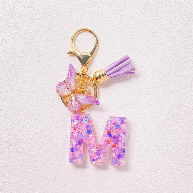 Feltree Initial Letter Keychains for Women Tassel Purple Cute Car Keychain for Wallet Backpack Bag