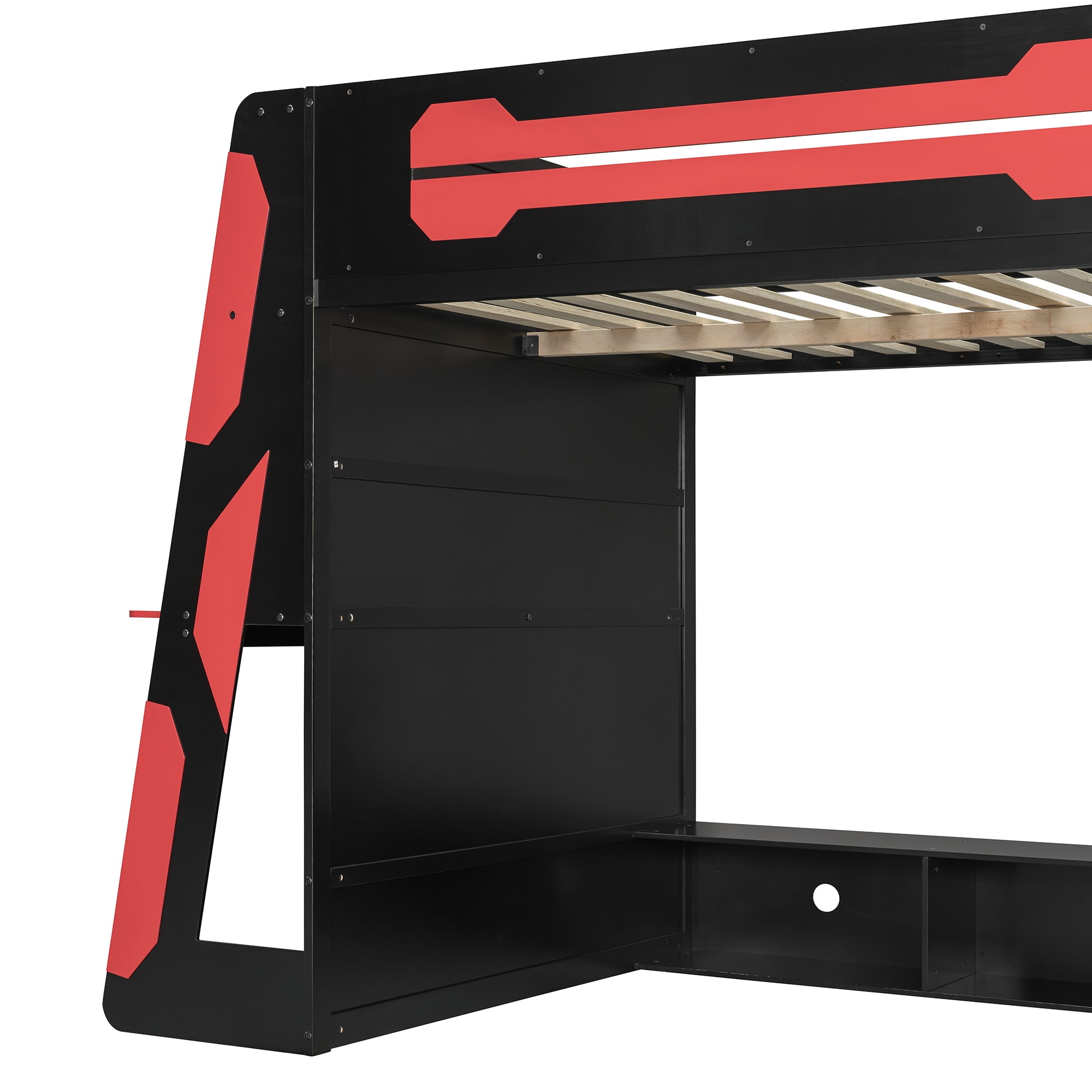 Euroco Full Size Loft Bed with Desk, Gaming Bed with RGB Light and Storage Selves, Red