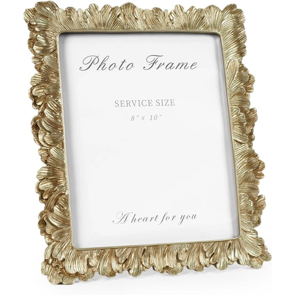 Gold Picture Frame 8x10 Frames, Vintage Gold Palm Leaves Textured Hand-Crafted Resin with Glass Front Elegant Retro Vintage Design Photo Frame for Tabletop Display Home Decor