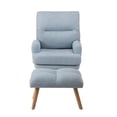 Blue Linen Fabric Accent Chair & Ottoman Set with Wooden Legs