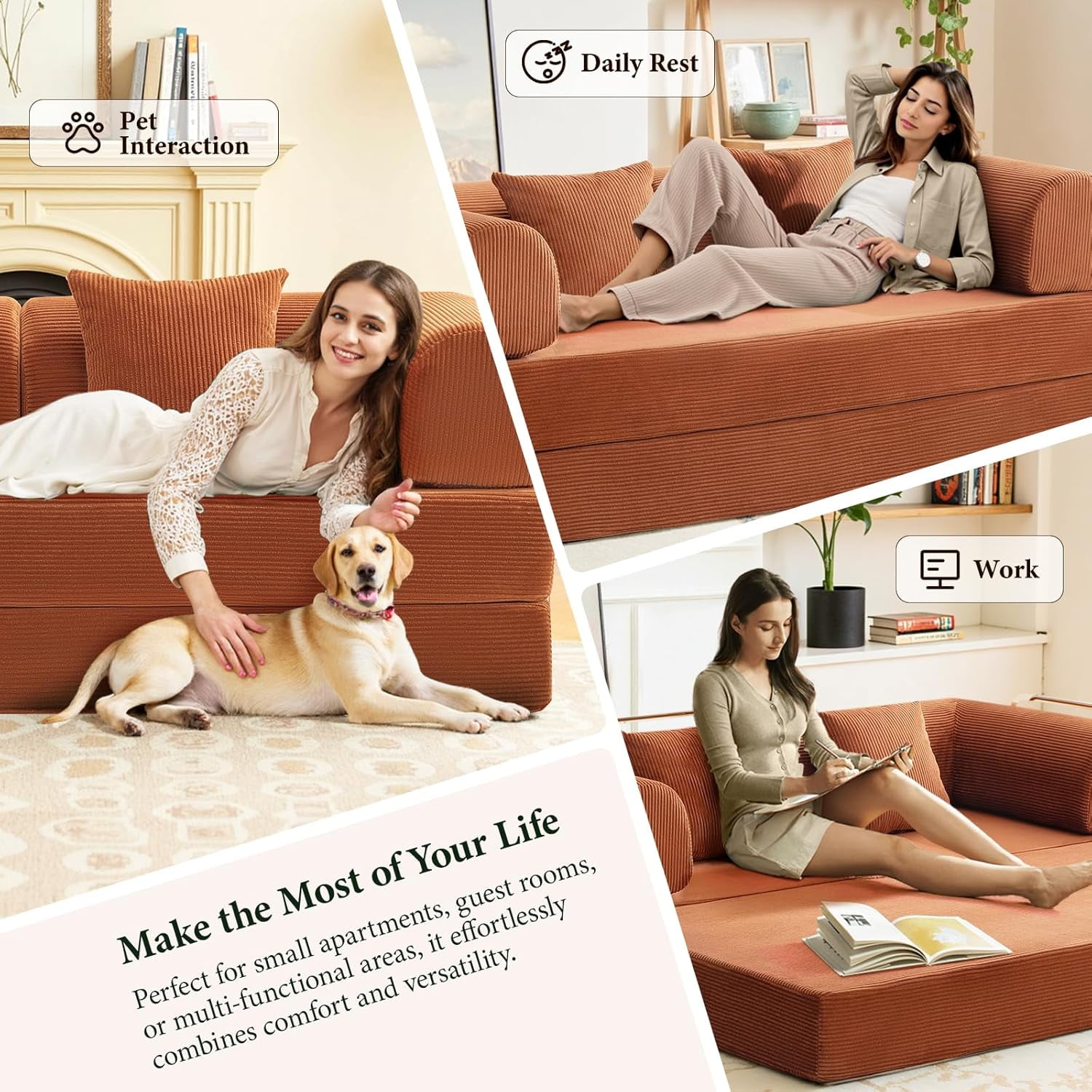 COOLHUT 63" W Combination Sofa, High Rebound Density Sponge Sofa Couch, Two Forms Floor Couch Three Seats Sofa Bed for Living Room, Bedroom, Pumpkin Brown