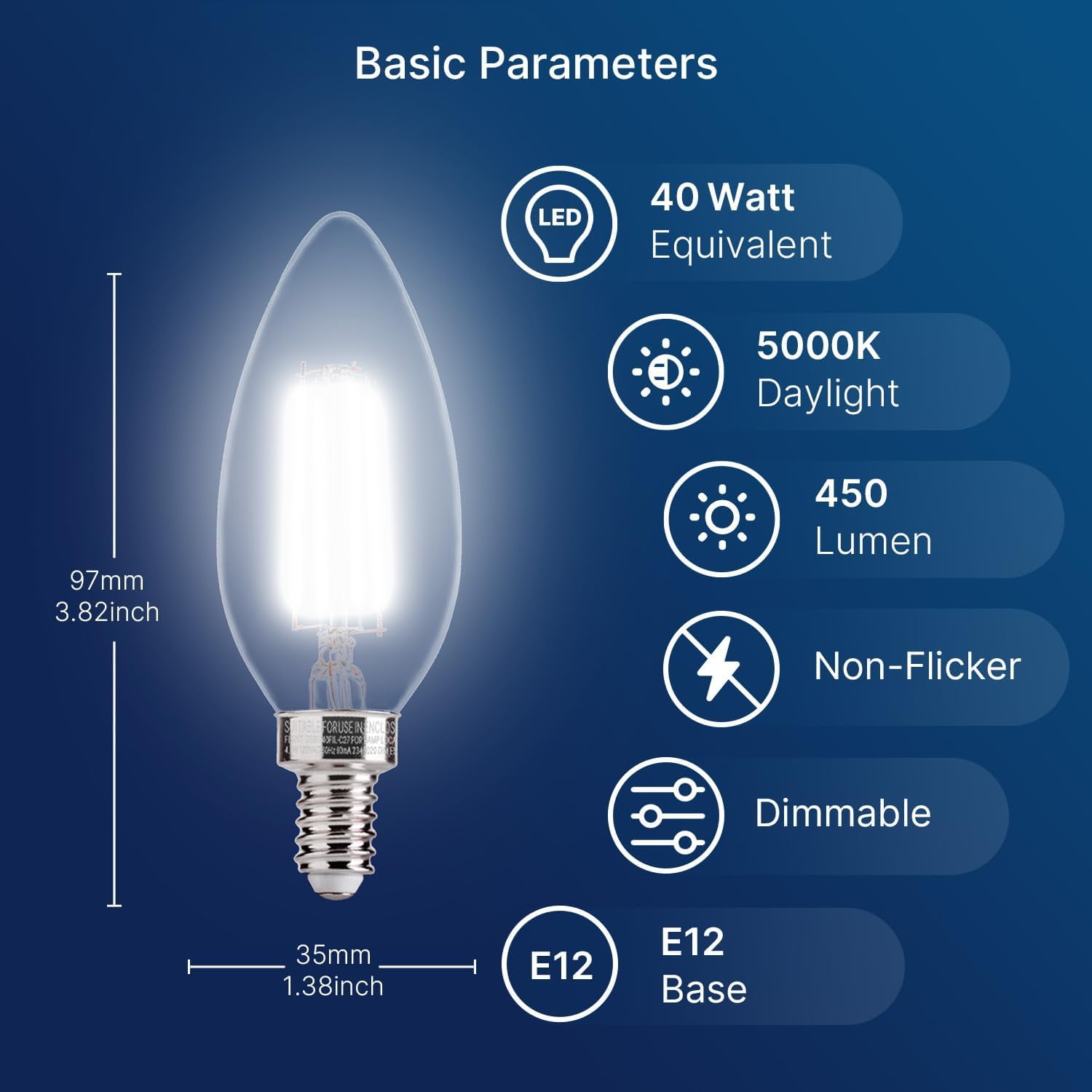 JJEAN-5000K Daylight B10 Dimmable 4W LED E12 Candelabra Bulbs, 40W Equivalent LED Chandelier Candle Bulbs, Clear Glass Finishing, 6 Pack UL,CA65 Listed.